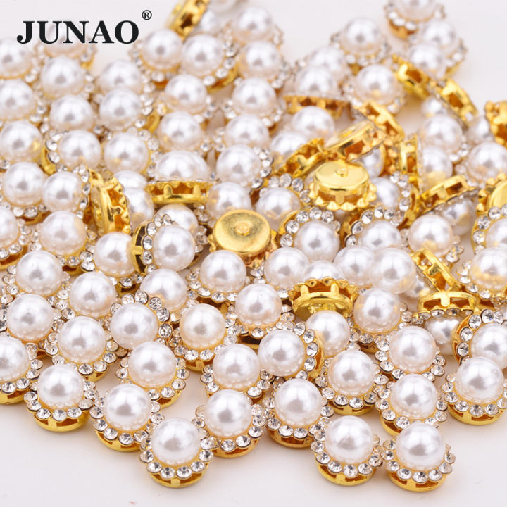 8mm 10mm 12mm Sewing White Pearl Rhinestone Gold Claw Crystal Stone Sew On Round Strass Flower Applique for Dress Jewelry