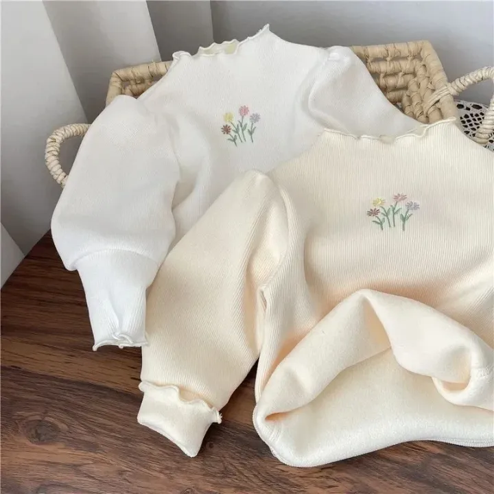 Baby%20Girls%20Top%20Winter%20Kids%20Warm%20Thickening%20Sweater%20Children%20Puff%20Sleeve%20Flower%20Embroidery%20Bottom%20Shirt%201-6%20Years%20Casual%20Clothing%20-%20Image%202