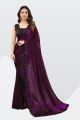 Velvet Sequined Saree (Dark Purple)  with Blouse material. 