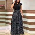 Printed Splicing Crew Neck Dress Elegant Short Sleeve Slim Waist Pleated Maxi Dress Women's Clothing. 