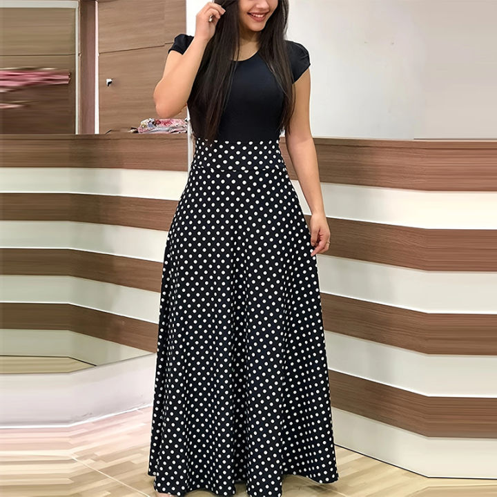 Printed%20Splicing%20Crew%20Neck%20Dress%20Elegant%20Short%20Sleeve%20Slim%20Waist%20Pleated%20Maxi%20Dress%20Women's%20Clothing%20-%20Image%204