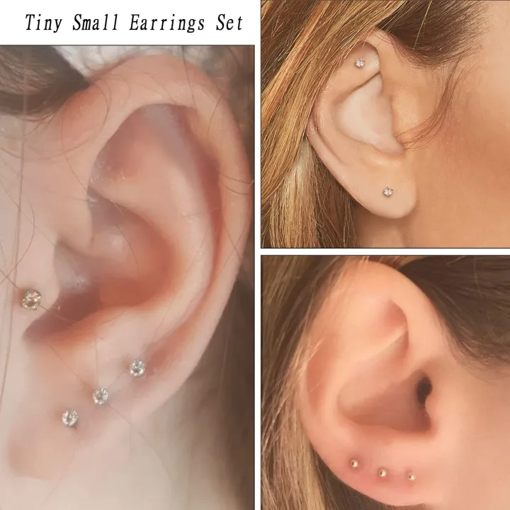 2pcs%20Tiny%20Surgical%20Stainless%20Steel%202mm%20Small%20CZ%20Dot%20Ball%20Flat%20Screw%20Back%20Stud%20Earrings%20Ear%20Piercing%20Hoop%20Jewelry%20Set%20-%20Image%202