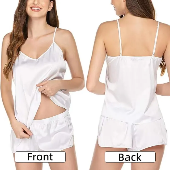 Women%20Sexy%20Ice%20Silky%20Pajamas%20Nightclothes%20Sleepwear%20Camisole%20And%20Shorts%20White%20Black%20Gray%20L%20XL%20XXL%20Comfortable%20Casual%20Summer%20-%20Image%204