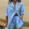 Women's 2 Piece Cotton Linen Outfit Loose Short Sleeve Button Down Shirt Drawstring Elastic Waist Shorts Set Summer Beach Wear.