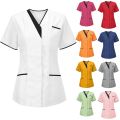 Women's Fashion Solid Colour V-Neck Short Sleeve Overalls With Pockets Basic Summer Lightweight Comfoy Tops. 