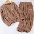Leisure 2024 Autumn/Winter Women's Warm Velvet Pajamas Loose Round Neck Elastic Top Warm Wool Elastic Waist Tight Leg Pants Set.