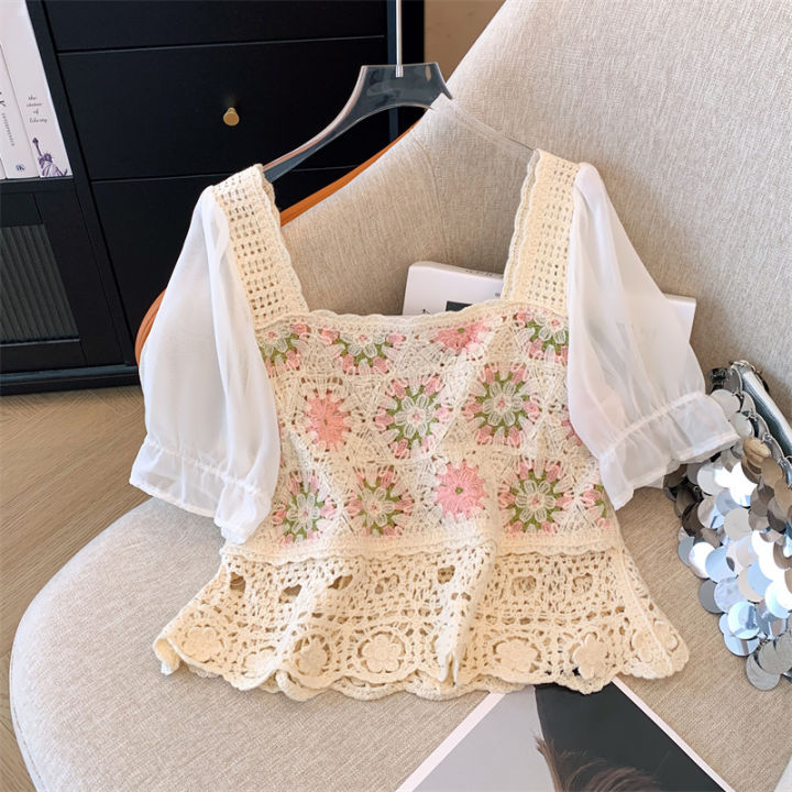Granny%20Square%20Top%20Crochet%20Knit%20Hollow%20Out%20Embroidery%20Lace%20Square%20Neck%20Blouse%20Summer%20Women%20Teengirl%20Fairycore%20Outfit%20-%20Image%202