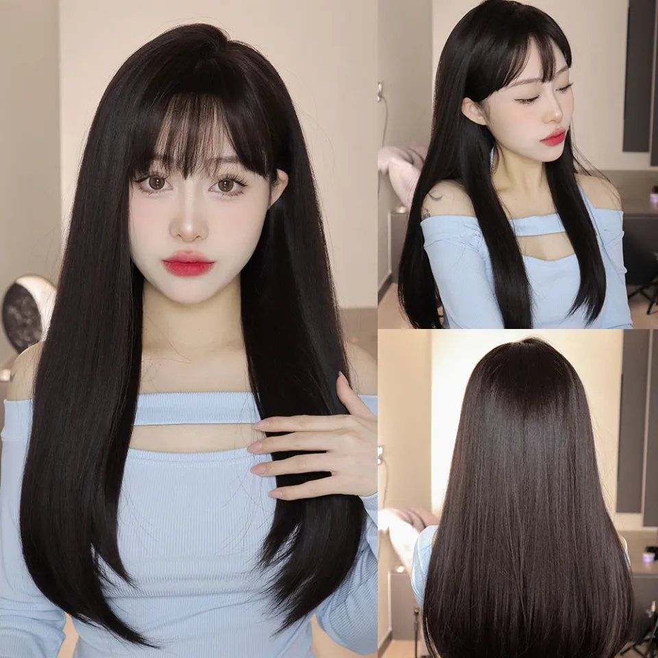 Long straight wigs with bangs best sale