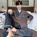 Pajamas Spring and Autumn Men's Long-Sleeved Trousers Cardigan Loose Lapel Large Size Home Clothes Spring Suit. 