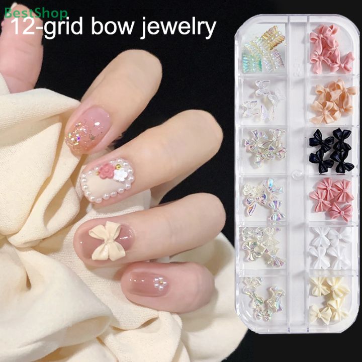 💕12 Grids/box Aurora Bow Resin Nail Art Decoration,3D Small Butterfly Flat Pearl Nail Accessory