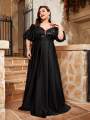 Mgiacy plus size Line neck puffy sleeve satin spliced sequin retraction long skirt Evening gown PROM dress Party dress.