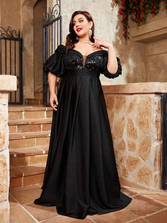 Mgiacy%20plus%20size%20Line%20neck%20puffy%20sleeve%20satin%20spliced%20sequin%20retraction%20long%20skirt%20Evening%20gown%20PROM%20dress%20Party%20dress%20-%20Image%204