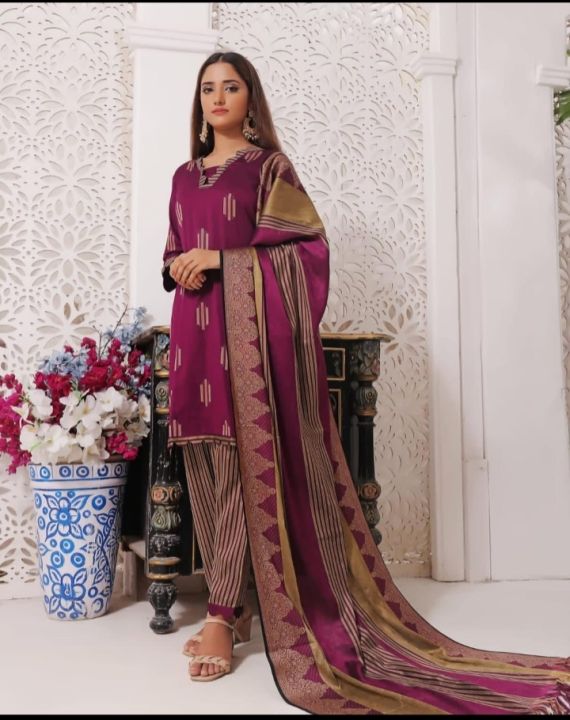 Introducing SUSSI new winter collection 3 piece dress beautiful design jacquard shawl dupatta for women & girls unstitched