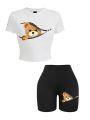 2 Pieces Set Women Slim Crop T-Shirts Shorts A Teddy Bear Emerged From The Zipper Prints Tops Sporty High Elastic Soft Clothes. 