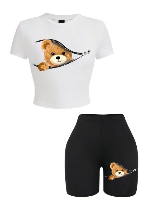 2%20Pieces%20Set%20Women%20Slim%20Crop%20T-Shirts%20Shorts%20A%20Teddy%20Bear%20Emerged%20From%20The%20Zipper%20Prints%20Tops%20Sporty%20High%20Elastic%20Soft%20Clothes%20-%20Image%202