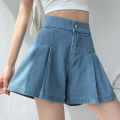 DFRCAEG 2024 Summer Plus Size Denim Shorts For Women High Elastic Waist Blue Or Sky Blue Pleated Mini Large Size Short Femme.
