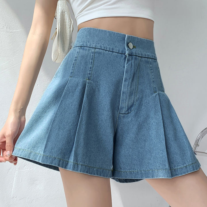 DFRCAEG%202024%20Summer%20Plus%20Size%20Denim%20Shorts%20For%20Women%20High%20Elastic%20Waist%20Blue%20Or%20Sky%20Blue%20Pleated%20Mini%20Large%20Size%20Short%20Femme%20-%20Image%205