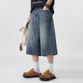 Men's Non-Elastic Denim Seven-Five Shorts Loose Wide Leg Fit Versatile Simple Style Casual Shorts. 