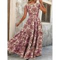 Plus Size Women's Bohemian Floral Print V-Neck Short Sleeve Dress Oversized Ruffled Skirt For Women Casual A-line Long Dresses.