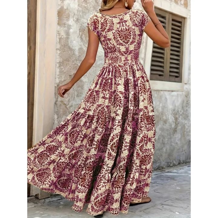 Plus%20Size%20Women's%20Bohemian%20Floral%20Print%20V-Neck%20Short%20Sleeve%20Dress%20Oversized%20Ruffled%20Skirt%20For%20Women%20Casual%20A-line%20Long%20Dresses%20-%20Image%204