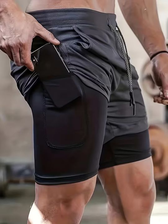 Men's%20Fitness%20Running%20Double%20layer%20Sports%20Shorts%20Training%20Running%20Mountain%20Climbing%20Summer%20Minimally%20Printed%20Shorts%20-%20Image%204