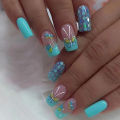 24pcs Square Short Fake Nails Blue Green Butterfly French False Nails Designs Full Coverage Waterproof Artificial Press on Nail. 