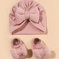 2Pcs Newborn Baby Bow Hat Socks Set Solid Color Cotton Infant Girls Turban Cap Anti-slip Socks. 