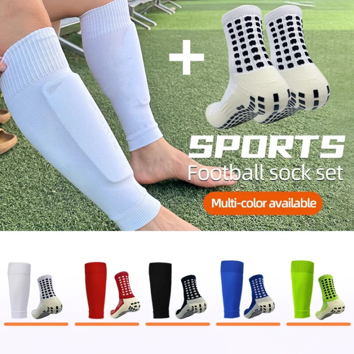2 Pairs Set Men Grip Soccer Socks and Knee Pads Calf Sleeves Adult