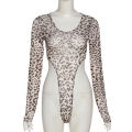 Huhugirl Leopard Print Skinny Bodysuit Women Rompers Slim Fit Long Sleeves U-neck Bodycon Tops Female Jumpsuits Overalls.