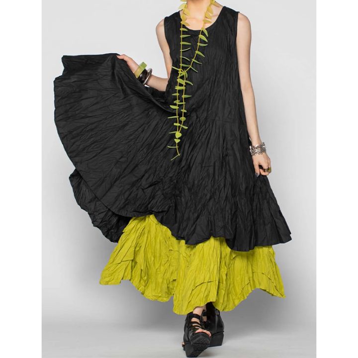 Women%20Summer%20Cake%20Dress%20Casual%20Round%20Neck%20Sleeveless%20Fake%20Two%20Pieces%20Gathered%20Indie%20Folk%20Patchwork%20Loose%20Maxi%20Dress%20Plus%20Size%20-%20Image%205