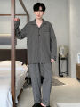 Pajamas Spring and Autumn Men's Long-Sleeved Trousers Cardigan Loose Lapel Large Size Home Clothes Spring Suit. 