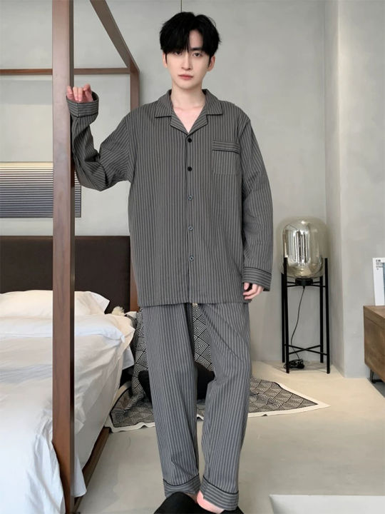 Pajamas%20Spring%20and%20Autumn%20Men's%20Long-Sleeved%20Trousers%20Cardigan%20Loose%20Lapel%20Large%20Size%20Home%20Clothes%20Spring%20Suit%20-%20Image%205