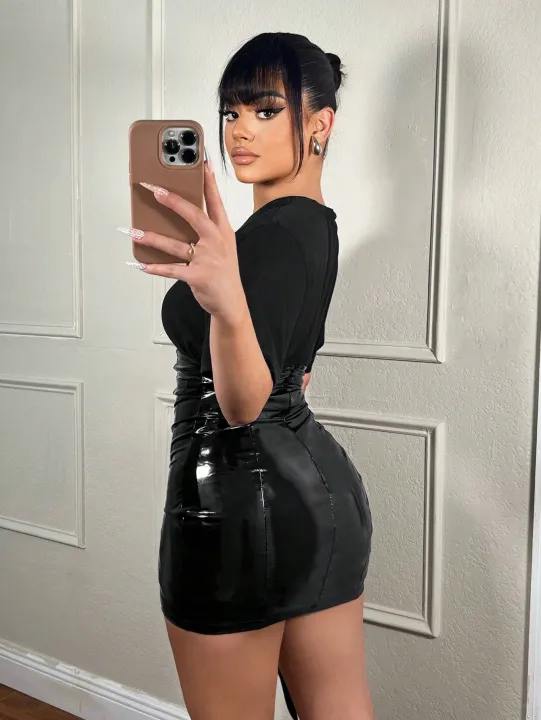 plus%20Size%20Black%20High%20Gloss%20Leather%20Mini%20Skirt%20Trendy%20Versatile%20Bodycon%20Skirt%20for%20Women%20-%20Image%202