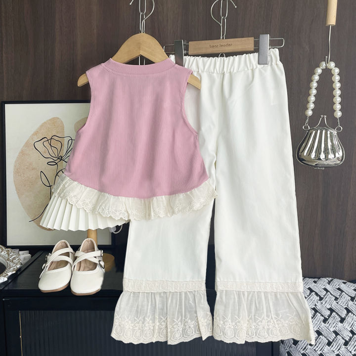 Bear%20Leader%20Summer%20Pink%20Girls%20Clothes%20Bow%20Decoration%20Sleeveless%20Top+Lace%20Patchwork%20Pants%20Fashionable%20New%20Easter%20Children's%20Set%20-%20Image%202