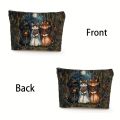 1pc Retro Night Cat Wizard Makeup Bag Double-Sided Printed, Durable & Foldable Travel Storage Whimsical Halloween Design Pouch. 