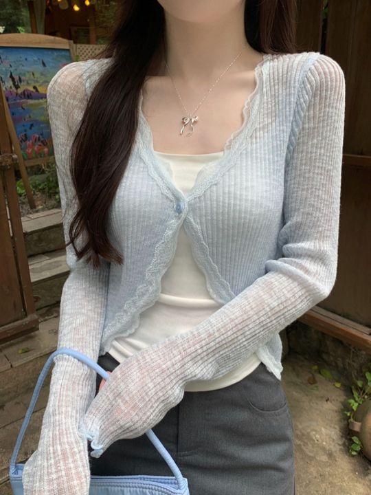 Lace%20Trim%20One%20Button%20Long%20Sleeve%20Crop%20Top%20Women%20Short%20Sleeve%20Open%20Front%20Ribbed%20Knit%20Cardigan%20Sweater%20Summer%20Fairycore%20Outfit%20-%20Image%205