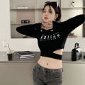 The destination of the new autumn women's o-neck long-sleeved Korean-style sexy crop top. 