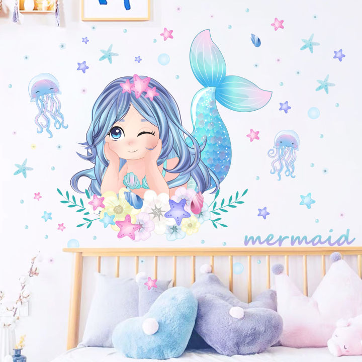 Cartoon Jellyfish Mermaid Wall Stickers for Kids Room Decor Background Girls Bedroom Living Room Home Decoration Wall Decal Glow
