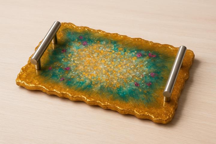 Handmade Resin Art Serving Tray with Metallic Handles – Luxury Decorative Table Tray for Home & Gift Use