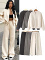 HH Women's Fall 2-Piece Retro Solid Color Zip Bomber Jacket Sweatshirt+High Waist Lace Up Women's Wide Leg Pants Street Wear. 