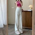 Fashion Artistic Lightweight Women Trendy Wide-legged Pants Simple Style Solid High-Waist Design Suitable Casual White Trousers. 