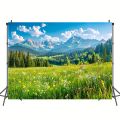 Spring scenery, green grassland, pine trees, forest background, photography, camping, adventure, party background, banner. 