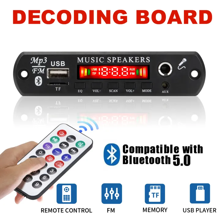 12V MP3 Decoder Board Time Display Bluetooth 5.3 Car Kit 6.5mm Microphone MP3 Player FM Radio TF USB 3.5mm AUX DIY