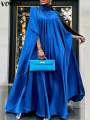 Plus Size 5XL VONDA Women Stand Collar Elegant Satin Dress Long Bat Sleeve Evening Pleated Maxi Sundress Casual Solid Party Robe. 