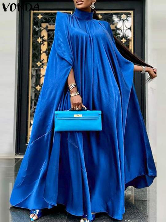 Plus%20Size%205XL%20VONDA%20Women%20Stand%20Collar%20Elegant%20Satin%20Dress%20Long%20Bat%20Sleeve%20Evening%20Pleated%20Maxi%20Sundress%20Casual%20Solid%20Party%20Robe%20-%20Image%202