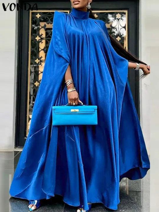 Plus%20Size%205XL%20VONDA%20Women%20Stand%20Collar%20Elegant%20Satin%20Dress%20Long%20Bat%20Sleeve%20Evening%20Pleated%20Maxi%20Sundress%20Casual%20Solid%20Party%20Robe%20-%20Image%202