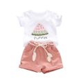 Children Girls Short Sleeve Costume Set Kids Watermelon Print Short T-shirt Shorts Suits Pullover. 