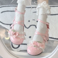 Women's Mary Janes Lolita Shoes Strawberry Bowknot Round Toe Heels Sweet Shoes Ankle Strap Pumps for Ladies.