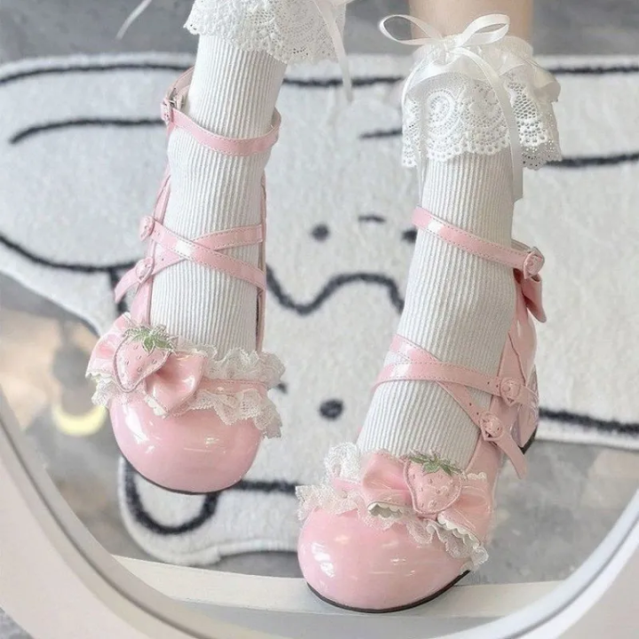 Women's Mary Janes Lolita Shoes Strawberry Bowknot Round Toe Heels Sweet Shoes Ankle Strap Pumps for Ladies