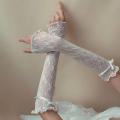 Lace Ruffle Y2k Gloves Fingerless Gloves Mittens JK Lolita Kawaii Women Mesh Fishnet Bowknot Black White Gloves UV Protection.